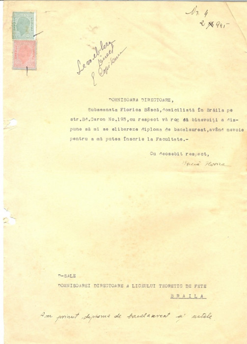 527 DOCUMENT VECHI -FLORICA BASCA CERE ELIBERARE DIPLOMA BACALAUREAT -1945