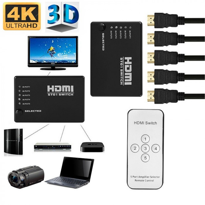 Switch 5 porturi HDMI: 5x HDMI input - 1x HDMI output cu telecomanda, suporta 4k