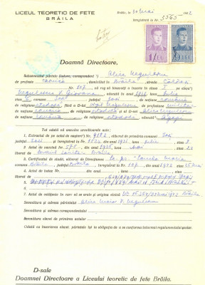 Z489 DOCUMENT VECHI -LICEUL TEORETIC DE FETE , BRAILA -ALICE NEGULESCU -1942 foto