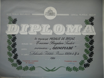 HOPCT DIPLOMA NR 78-DIPLOMA DE ONOARE EXPO FILATELICA BUCURESTI 1986 OLIMPIADE foto