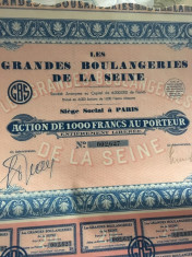 1000 Franci Actiune Grandes Boulangeries De La Seine Franta 1930 foto