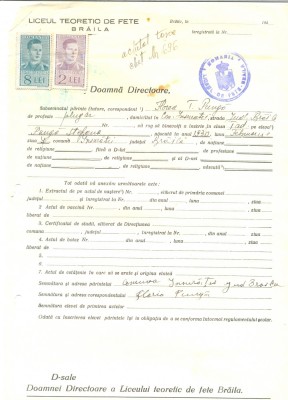 Z496 DOCUMENT VECHI -LICEUL TEORETIC DE FETE , BRAILA -FLOREA T. PUNGA -1942? foto