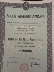 10 000 Franci actiune Societe Auxiliaire Africaine la purtator foto