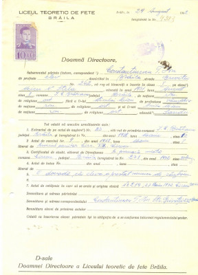 Z491 DOCUMENT VECHI -LICEUL TEORETIC DE FETE , BRAILA-CONSTANTINESCU T. ION-1942 foto