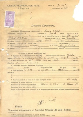 Z505 DOCUMENT VECHI -LICEUL TEORETIC DE FETE , BRAILA -FANICA C. VLAD -1942 foto