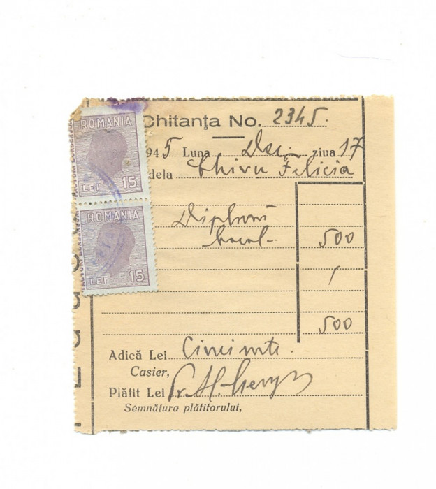 523 DOCUMENT VECHI -CHITANTA 2345 -CHIRU FELICIA- DIPLOMA BACALAUREAT -1945