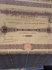 500 Franci actiune Societe Franco Sud Americaine de Travaux Publics foto