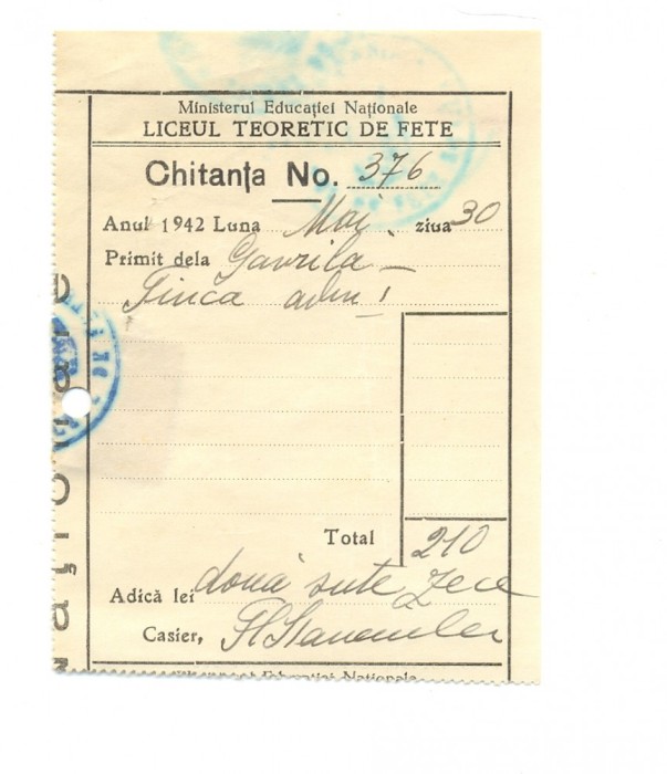522 DOCUMENT VECHI -LICEUL TEORTIC DE FETE (BRAILA?) - CHITANTA376 GAVRILA -1942