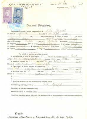 Z501 DOCUMENT VECHI -LICEUL TEORETIC DE FETE , BRAILA - NITA STERGAREL -1942 foto