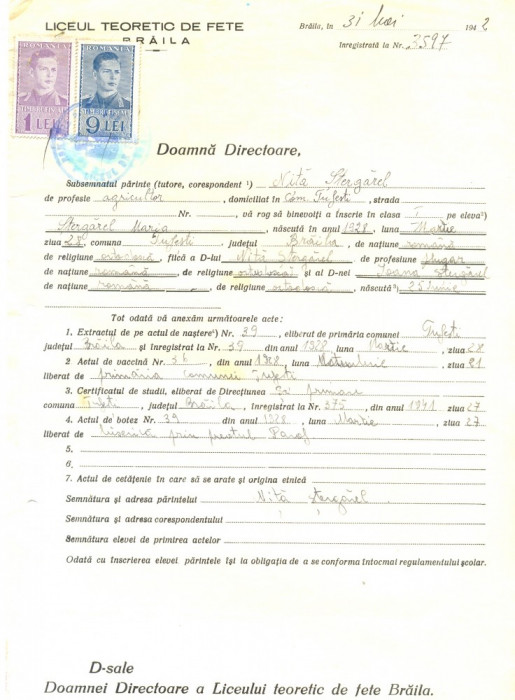 Z501 DOCUMENT VECHI -LICEUL TEORETIC DE FETE , BRAILA - NITA STERGAREL -1942