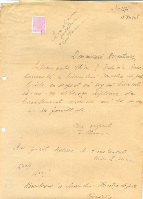Z514 DOCUMENT VECHI -CHIVU Z. FELICIA, BACALAUREATA, SOLICITA ELIBERARE DIPLOMA