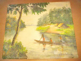 Peisaj african cu vaslasi in canoe pe rau semnat de pictor autohton- N-Kulv., Peisaje, Ulei, Realism