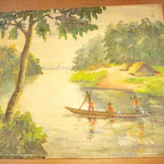 Peisaj african cu vaslasi in canoe pe rau semnat de pictor autohton- N-Kulv.