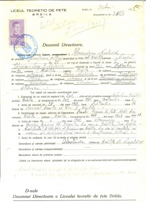 Z488 DOCUMENT VECHI -LICEUL TEORETIC DE FETE , BRAILA-ALEXANDRINA NESTOZIDE-1942 foto