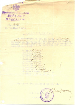 Z512 DOCUMENT VECHI -DIRECTIUNEA GIMNAZIULUI ,,BRATIANU&amp;quot; DRAGASANI- ELEVA -1945 foto