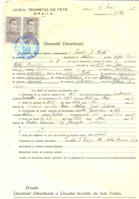 Z499 DOCUMENT VECHI -LICEUL TEORETIC DE FETE , BRAILA - TUDOR T. RATA -1942 foto