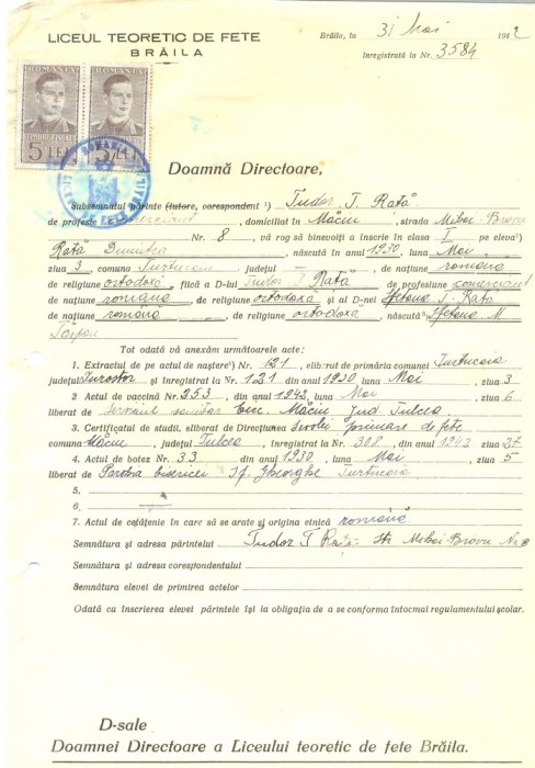 Z499 DOCUMENT VECHI -LICEUL TEORETIC DE FETE , BRAILA - TUDOR T. RATA -1942