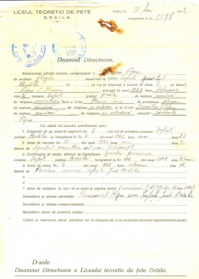 Z493 DOCUMENT VECHI -LICEUL TEORETIC DE FETE , BRAILA- STANCIU POPA -1942 foto