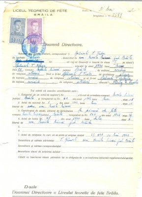 Z498 DOCUMENT VECHI -LICEUL TEORETIC DE FETE , BRAILA - SPANOCHI S. TUDOR -1942 foto