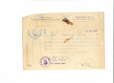 Z494 DOCUMENT VECHI -LICEUL DE FETE , BRAILA- DISPENSA VARSTA -1942 foto