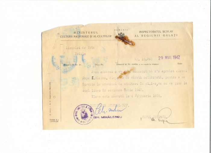 Z494 DOCUMENT VECHI -LICEUL DE FETE , BRAILA- DISPENSA VARSTA -1942