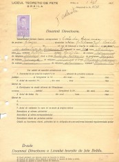 Z509 DOCUMENT VECHI -LICEUL TEORETIC DE FETE , BRAILA - COSTACHE CARAMAN -1942 foto