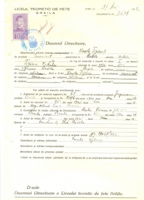 Z507 DOCUMENT VECHI -LICEUL TEORETIC DE FETE , BRAILA - VASILE TIGANUS -1942 foto