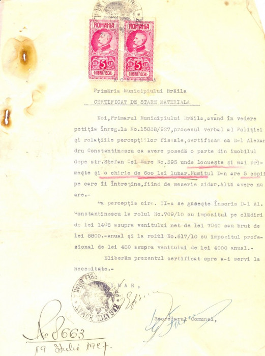 528 DOCUMENT VECHI -CERTIFICAT DE STARE MATERIALA -PRIMARIA BRAILA 1927