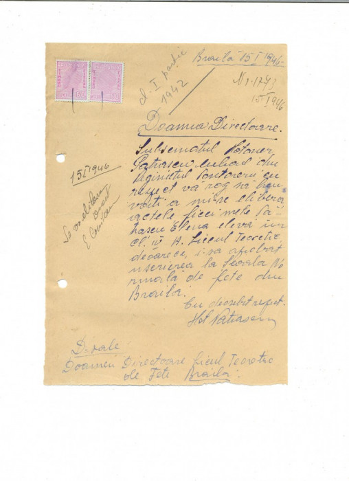 517 DOCUMENT VECHI -LICEUL TEORETIC DE FETE BRAILA-PLOTONER PATRASCU - 1946