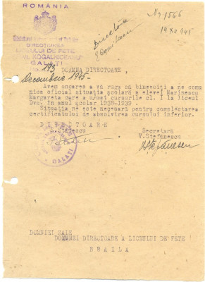 516 DOCUMENT VECHI -LICEUL DE FETE ,,MIHAIL KOGALNICEANU&amp;quot; GALATI -1945 foto