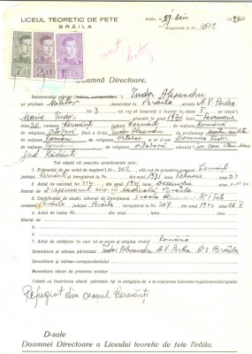 Z511 DOCUMENT VECHI -LICEUL TEORETIC DE FETE, BRAILA- TUDOR ALEXANDRU -1942 foto