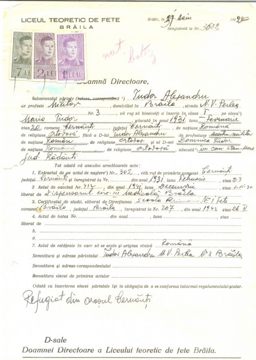 Z511 DOCUMENT VECHI -LICEUL TEORETIC DE FETE, BRAILA- TUDOR ALEXANDRU -1942