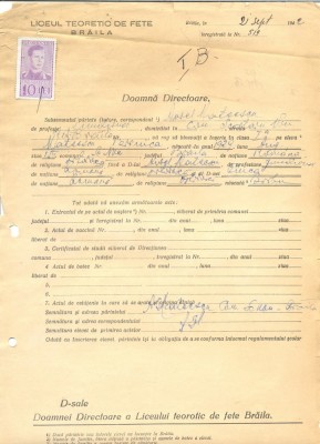 Z492 DOCUMENT VECHI -LICEUL TEORETIC DE FETE , BRAILA- AUREL MATEESCU -1942 foto