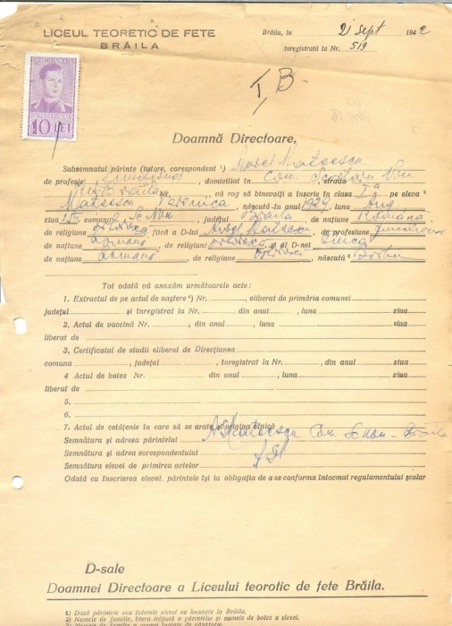 Z492 DOCUMENT VECHI -LICEUL TEORETIC DE FETE , BRAILA- AUREL MATEESCU -1942