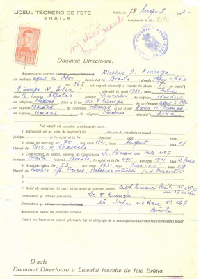 Z508 DOCUMENT VECHI -LICEUL TEORETIC DE FETE , BRAILA - NICOLAE V. CIUNGA -1942 foto