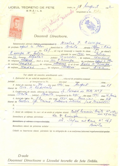 Z508 DOCUMENT VECHI -LICEUL TEORETIC DE FETE , BRAILA - NICOLAE V. CIUNGA -1942