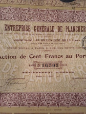 100 Franci Actiune Enterprise Generale De Planchers Franta 1925 foto