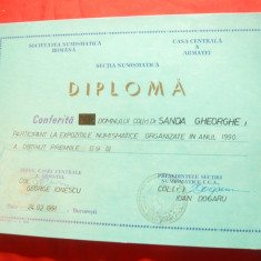 Diploma CCA -acordata de Soc.Numismatica Romana - Premiile 2 si 3 , 1990