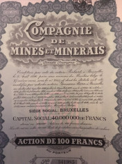 100 Franci Actiune Compagnie De Mines et Minerais Belgia 1928 foto