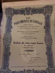 500 Franci actiune Les Parfumeries De Gabilla 1921 Franta + cupoane foto