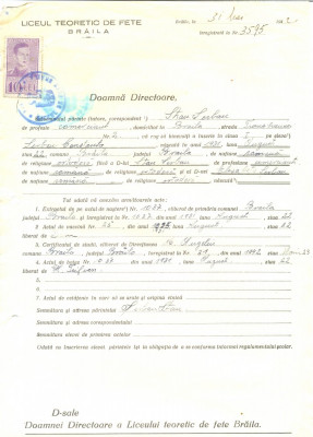 Z497 DOCUMENT VECHI -LICEUL TEORETIC DE FETE , BRAILA -STAN SERBAN -1942 foto