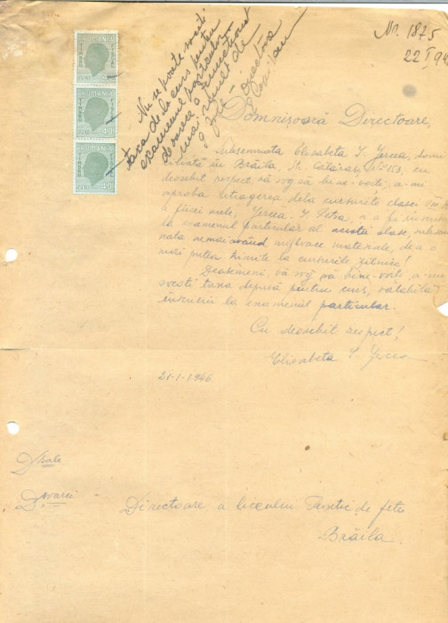 520 DOCUMENT VECHI -LICEUL TEORTIC DE FETE BRAILA - ELISABETA I. JERCEA -1946