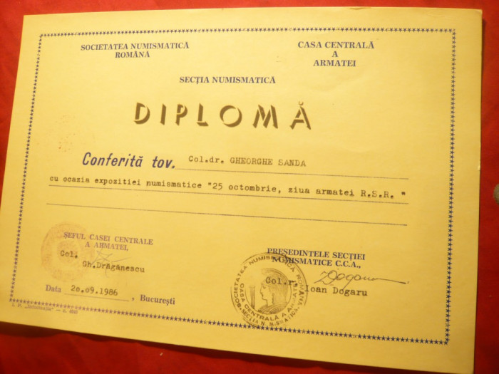 Diploma a Societatii Numismatice Romane - Expozitia Numismatica 25 Oct. 1986