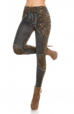 Leggings cu Aspect de Blugi si Animal Print Extins foto