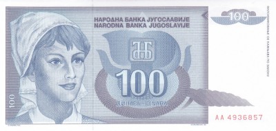 Bancnota Iugoslavia 100 Dinari 1992 - P112 UNC foto