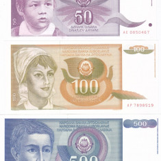 Bancnota Iugoslavia 50, 100 si 500 Dinari 1990 - P104-106 UNC ( set 3 bancnote )