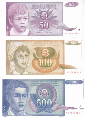 Bancnota Iugoslavia 50, 100 si 500 Dinari 1990 - P104-106 UNC ( set 3 bancnote ) foto