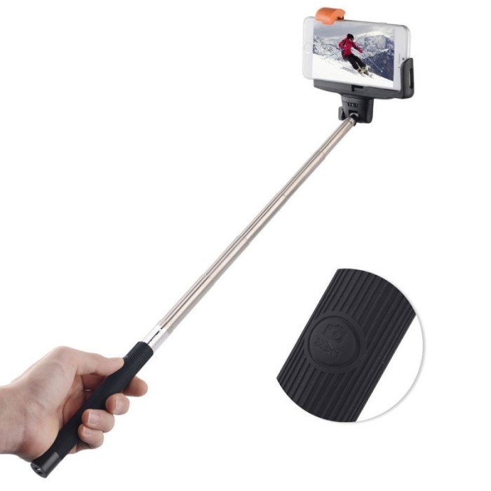 Selfie stick negru cu suport pentru telefon si buton cu bluetooth pe maner foto mare Selfie stick negru cu suport pentru telefon si buton cu bluetooth pe maner foto mare