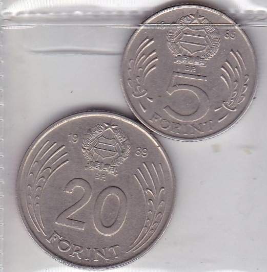 UNGARIA - LOT 2 MONEDE 5 FORINTI 1985, 20 FORINTI 1989