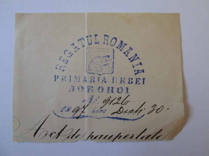 Stampila pe o bucatica de document cu Primaria urbei Dorohoi 1897